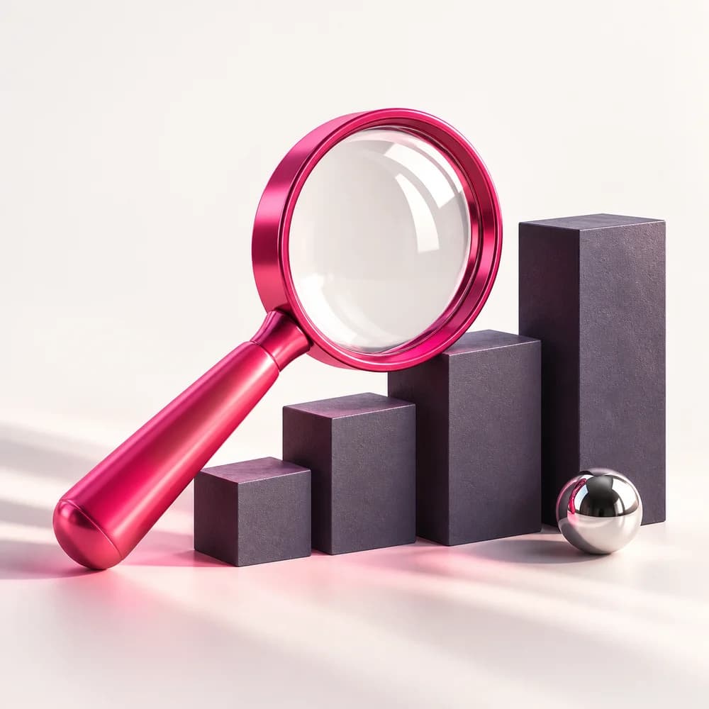 Pink magnifying glass on sculptural charcoal steps